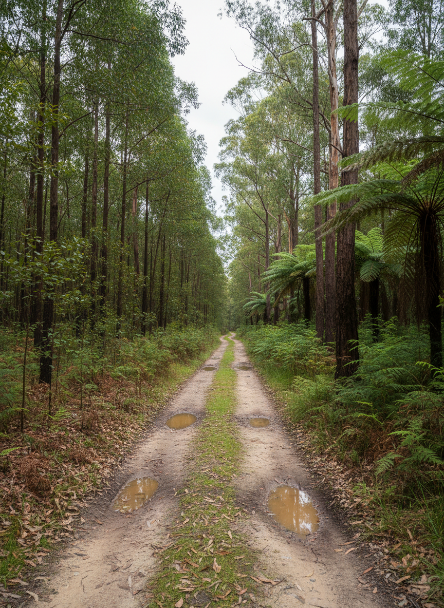 A balanced, photographic documentary image showing a narrow, unsealed track cutting through regrowth forest on the edge of the Hoddle Range, illustrating the tension between access and impact. On one side, dense young eucalypts and wattles create a thick wall of varied greens, with leaf litter and small saplings crowding the understory. On the other, an older, more intact patch of forest shows larger trunks, tree ferns, and deeper shade. The track itself is rutted, with exposed pale soil and puddles reflecting the sky. Soft, filtered midday light passes through the canopy, creating an even, gentle illumination with mild contrast. Captured at eye level with a slight leading-line composition along the track, the scene feels calm, thoughtful and non-confrontational, perfect for community-minded conversations about responsible use and conservation.