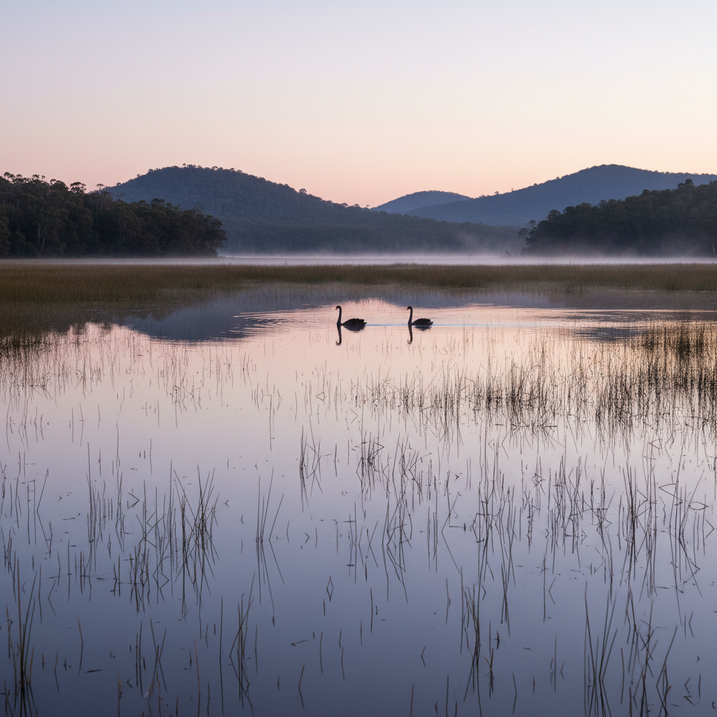 A tranquil Wilsons Promontory wetland at dawn in photographic realism, glassy water reflecting a soft pastel sky of pale pinks and cool blues. Slender reeds and rushes emerge from the mirror-like surface, their dark silhouettes creating delicate vertical lines. In the mid-ground, a pair of black swans glide silently, leaving subtle ripples that distort the reflection of distant forested hills. Low mist hangs just above the water, blurring the boundary between land and sky. The first light of morning touches the reeds and swans with a faint golden rim, while the rest of the scene remains calm and muted. Captured from a low, shore-level angle with a wide composition, the mood is serene, contemplative and protective of fragile habitats.