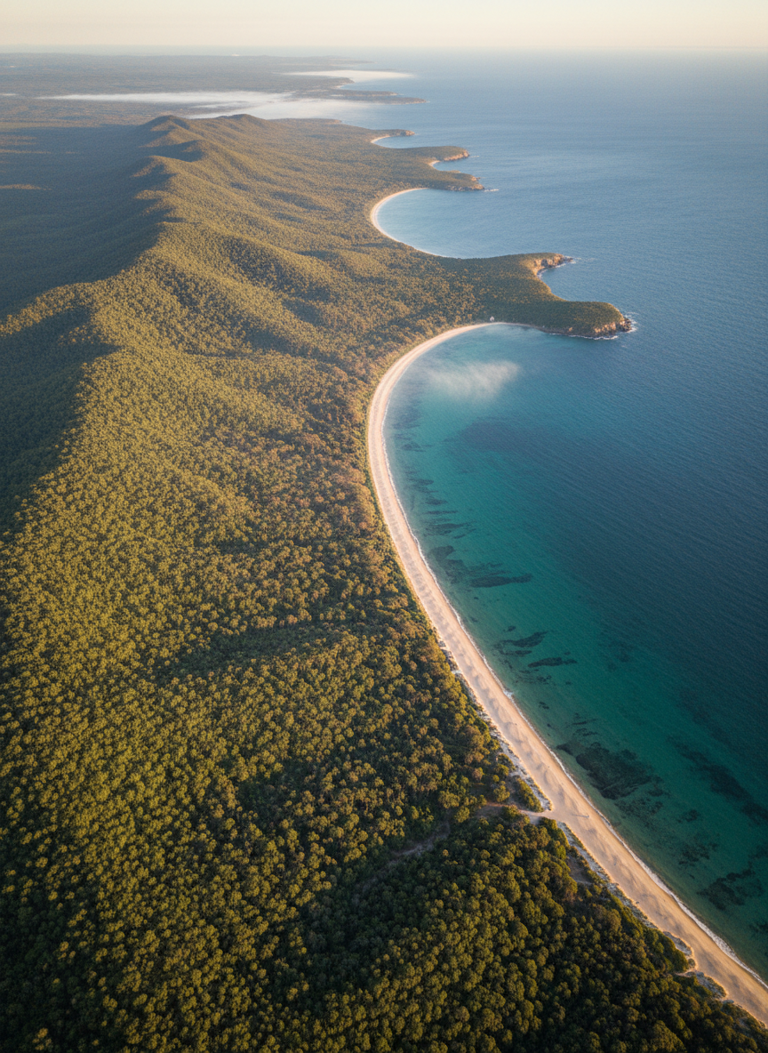 A sweeping aerial photographic view of the Hoddle Range and Wilsons Promontory coastline, dense eucalypt forest rolling into pale-gold beaches and turquoise shallows. The rugged green ridgelines run diagonally across the frame, tapering into the slender finger of the Prom reaching into a steel-blue Bass Strait. Late afternoon golden light grazes the tree canopy, revealing subtle variations of green and casting long, soft shadows into sheltered gullies. Fine sea mist curls along the shoreline, softening the distant horizon. Captured in crisp, high-resolution realism from a high bird’s-eye perspective, with wide-angle composition and sharp focus throughout, the image feels expansive, calm and awe-inspiring, ideal as a hero banner for a conservation-focused site.