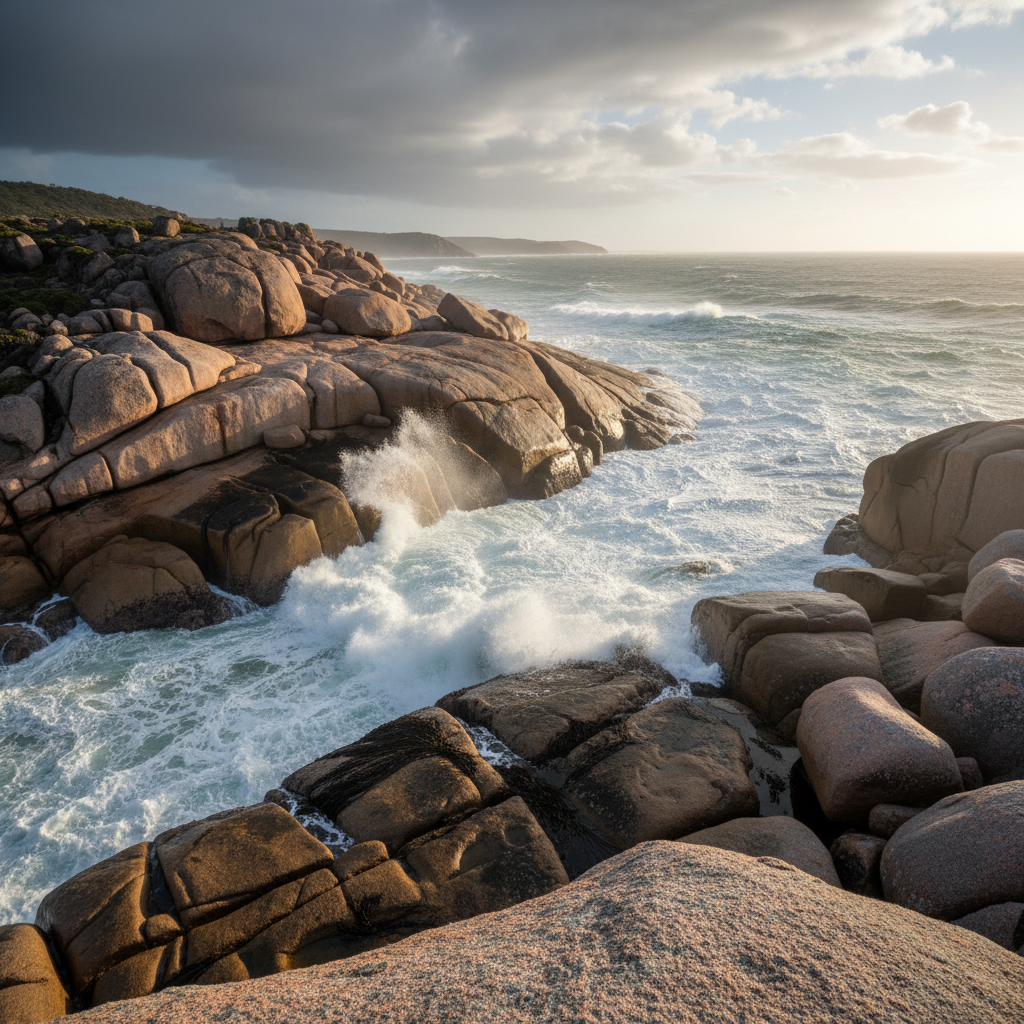 A dramatic photographic scene of a rugged Wilsons Promontory granite headland meeting a churning Bass Strait, massive rounded boulders in warm pink-grey tones stacked above a narrow, wave-scoured inlet. White surf crashes against the rocks, sending delicate fans of spray upward, while seaweed clings dark and glistening in crevices. Late afternoon light cuts in from the side, creating strong contrasts, deep shadows, and glowing highlights along the wet stone surfaces. Wisps of salt spray soften the distant horizon and a band of dark cloud hints at incoming weather. Captured from a slightly elevated cliff-edge perspective with a wide lens, the image balances power and fragility, perfectly suited to community discussions about safeguarding wild coastlines from harmful development.